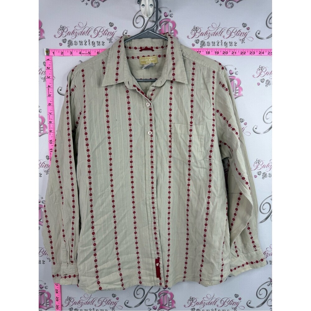 Cotton Ginny shirt Vintage Button-Up Shirt in Cream with Red Stripe Pattern